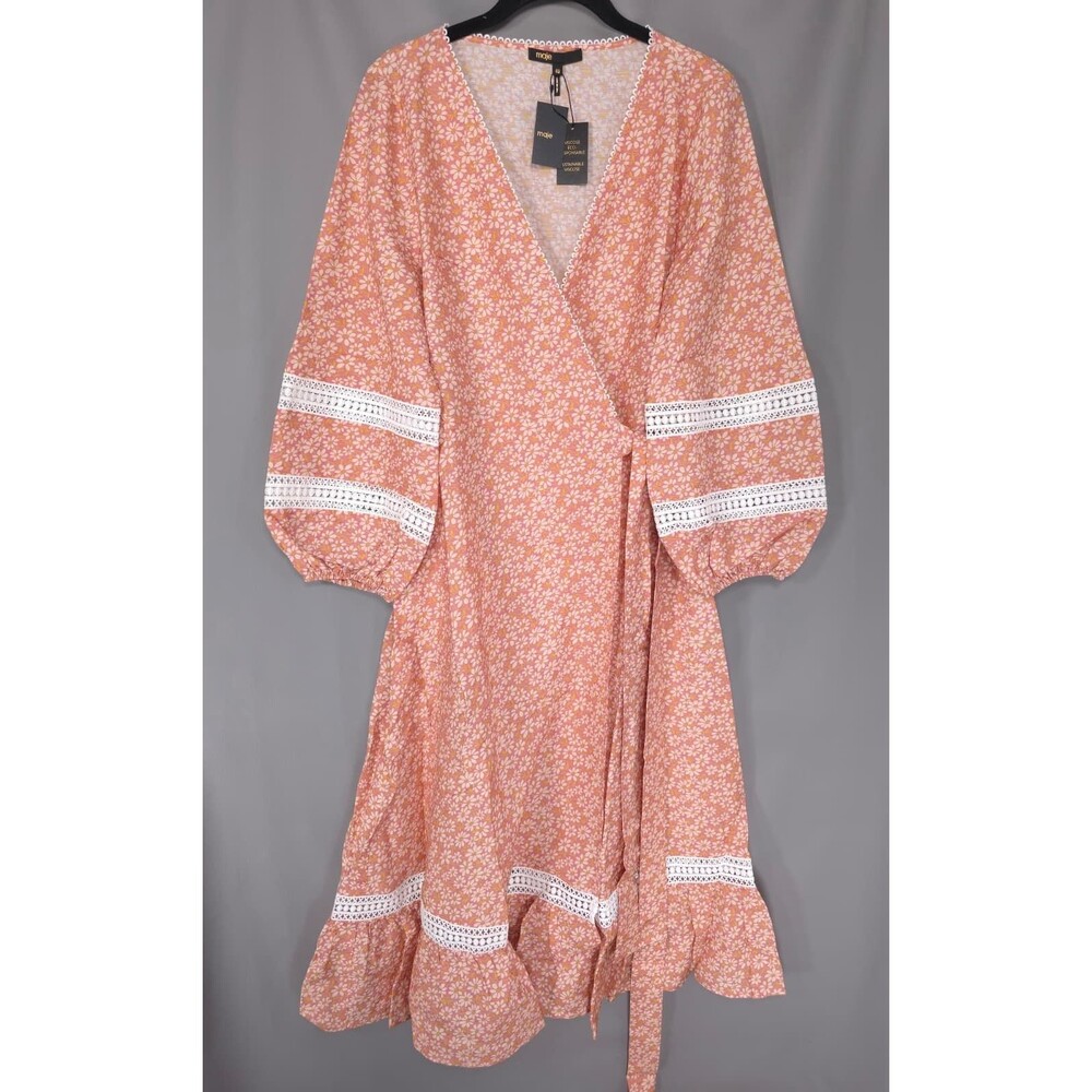 MAJE Women's New Wrap Maxi Dress 40 US 8 Pink Floral Lace Linen Blend MARGUERITE